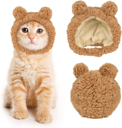 Cute Cat Costume Bear Hat For Cat Warm Soft Small Pet Headwear Brown - Shop at LoveMi