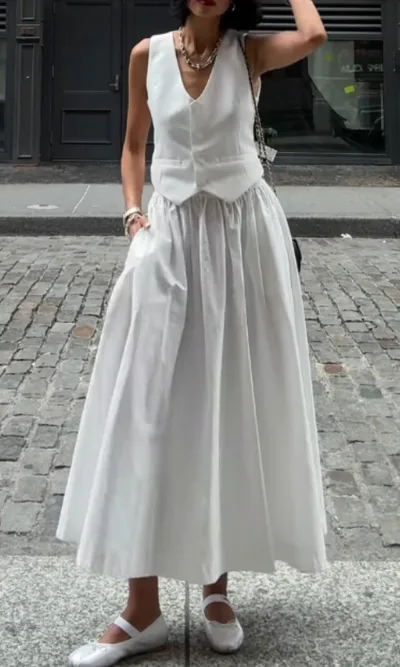 Women's Solid Color Vest & Swing Skirt Set White - Shop at LoveMi