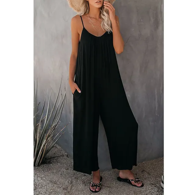 Women's Fashion Solid Color Pocket Loose Casual Sling Jumpsuit Black - Shop at LoveMi