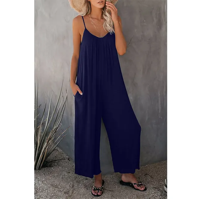 Women's Fashion Solid Color Pocket Loose Casual Sling Jumpsuit Dark Blue - Shop at LoveMi