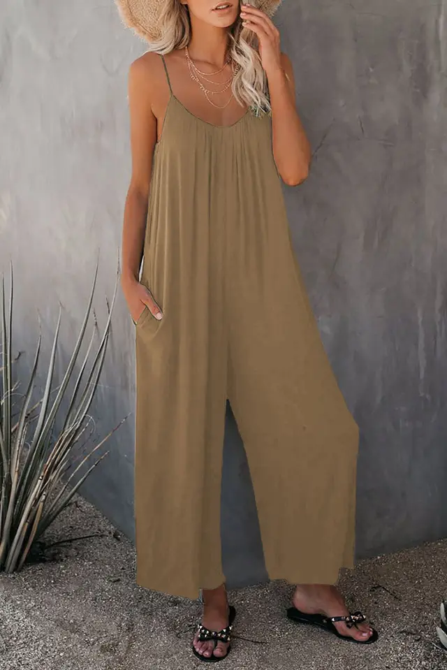 Women's Fashion Solid Color Pocket Loose Casual Sling Jumpsuit Khaki - Shop at LoveMi