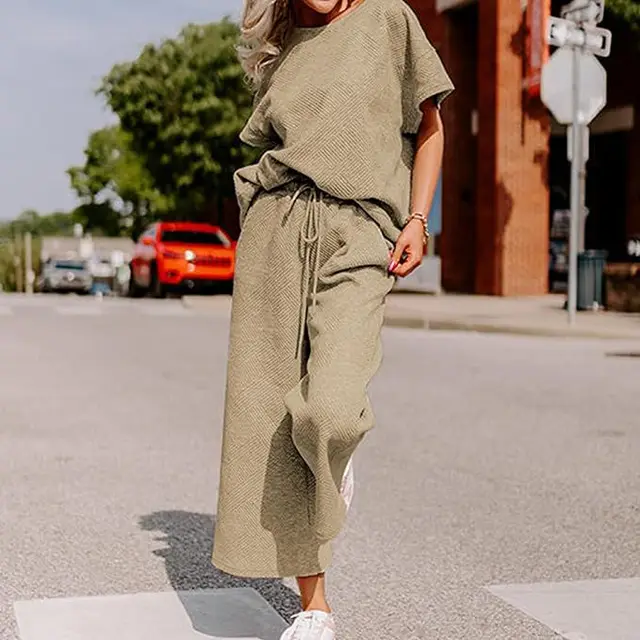 Solid Color Texture Casual Fashion Women's Wear Short sleeved Trousers Two piece Set Khaki - Shop at LoveMi