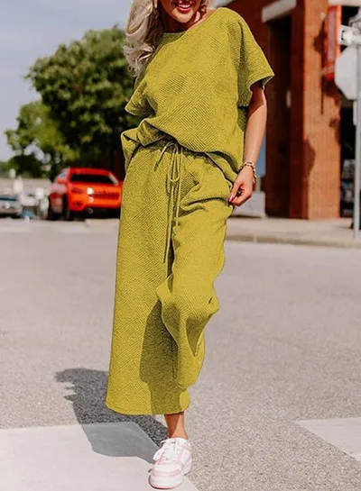 Solid Color Texture Casual Fashion Women's Wear Short sleeved Trousers Two piece Set Yellow - Shop at LoveMi