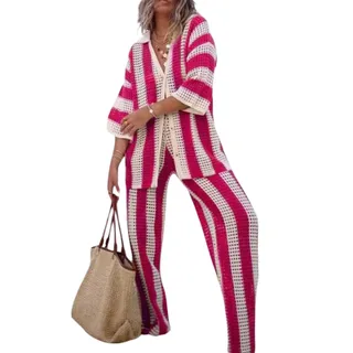 Women's Fashion V-Neck Hollow Out Striped Shirt Loose Knit Wide Leg Pants Set - Rose Red