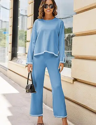Women's Long Sleeve Knit Sweater Top Wide Leg Pants Casual Set - Blue