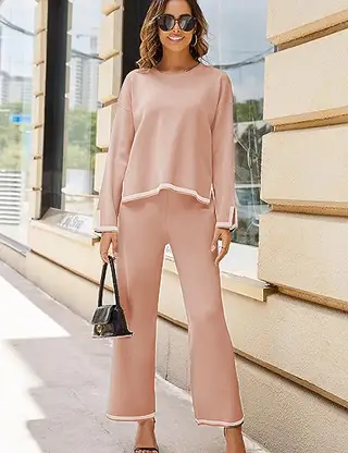 Women's Long Sleeve Knit Sweater Top Wide Leg Pants Casual Set - Khaki