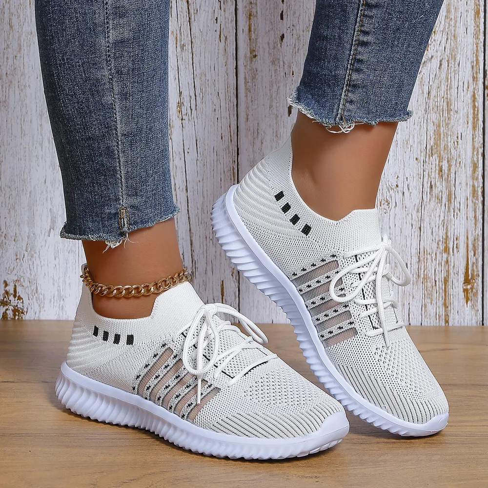 Casual Lace up Mesh Sneakers Breathable Flying Woven Round Toe Walking Running Sports Shoes Beige - Shop at LoveMi