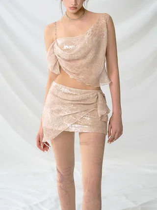 Sequined Leopard Print Chiffon Irregular Camisole Skirt Suit - Pink