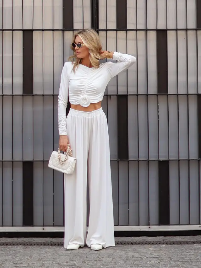 Casual Pleated Floral Long sleeved Top & Pants Suit White - Shop at LoveMi