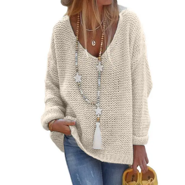 V neck Long Sleeve Knit Top Apricot - Shop at LoveMi