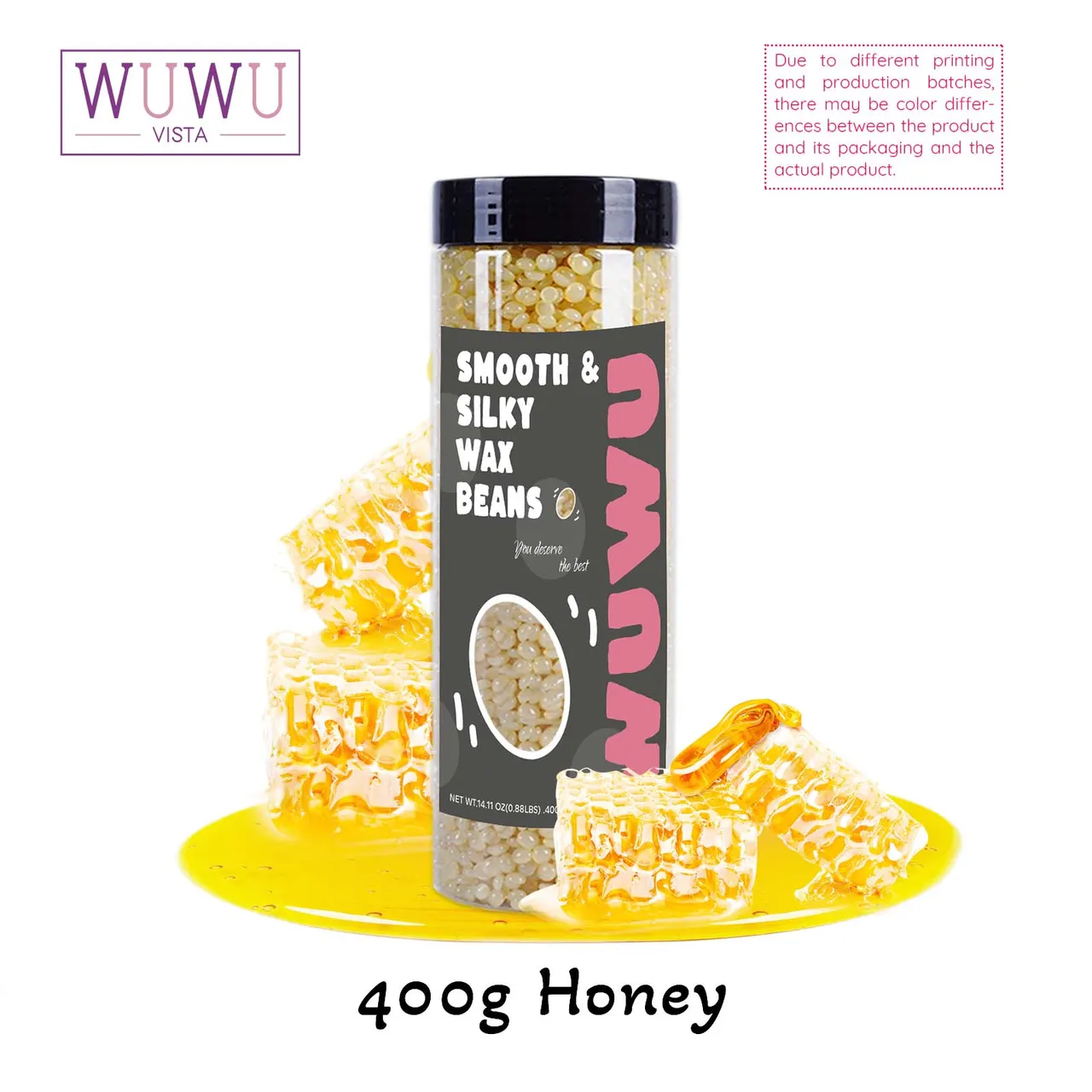 WUWUVISTA Hard Wax Beads 14.11oz Bottle Wax Beans Hair Removal Waxing For Wax Heater Painless Beans For All Hair Types, Body, Face, Leg, Underarm - Honey