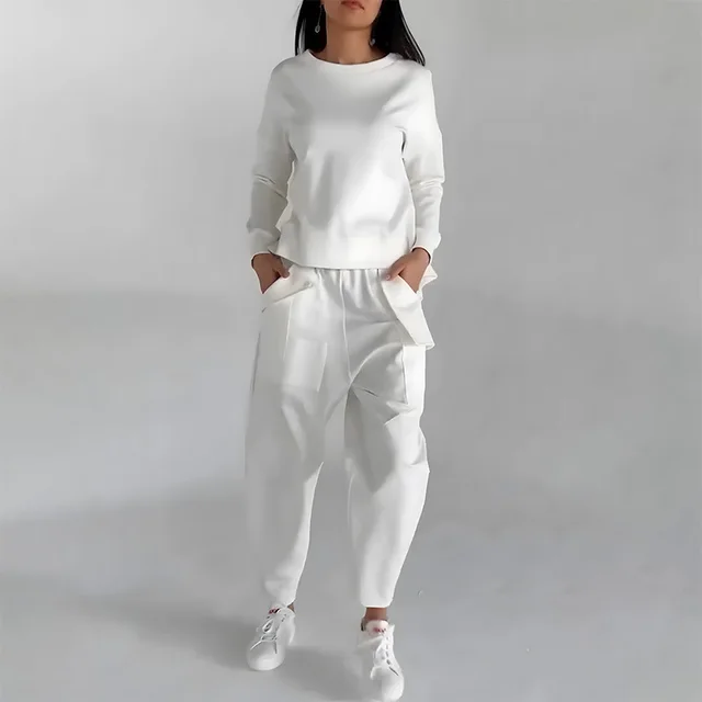 Solid Color Fashion Sweatshirt Long Sleeve Back Slit Top With Pockets Loose Trousers Women's Clothing White - Shop at LoveMi
