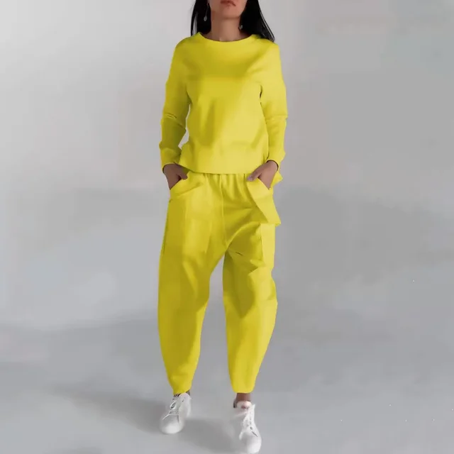 Solid Color Fashion Sweatshirt Long Sleeve Back Slit Top With Pockets Loose Trousers Women's Clothing Yellow - Shop at LoveMi