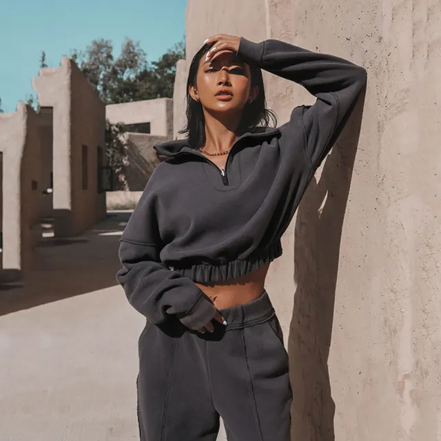Long Sleeve Turtleneck Sweatshirt Stand Up Zipper Short Top With Loose Straight Leg Pants Women's Clothing Grey - Shop at LoveMi