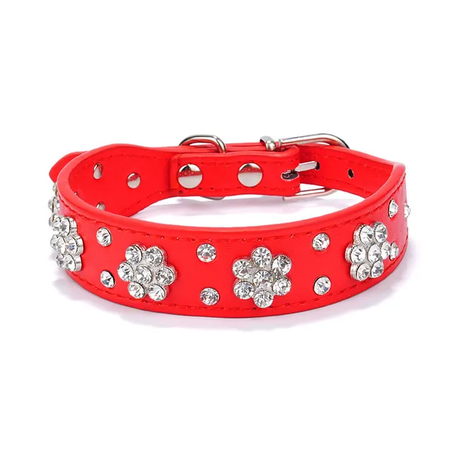 Cute PU Leather Dog Collar Rhinestone Flower Pattern Studded Width Fit Small And Medium Dogs Red - Shop at LoveMi