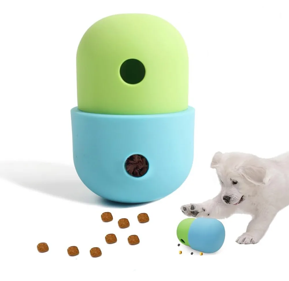 Pet Puzzle Toy Dog Treat Dispensing Cute Puppy Small Medium Dogs Interactive Chase Toy Pet Funny Enrichment Toys Food Ball For Dog Playing Training... Yellow With Blue - Shop at LoveMi