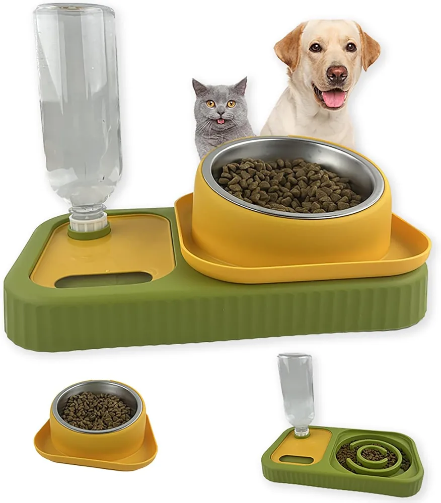 Cat Dog Food And Water Bowl Set Double Food Bowls With Automatic Gravity Water Bottle Raised Slow Feeder Detachable Stainless Steel Bowl 15Tilt Ele... Green - Shop at LoveMi
