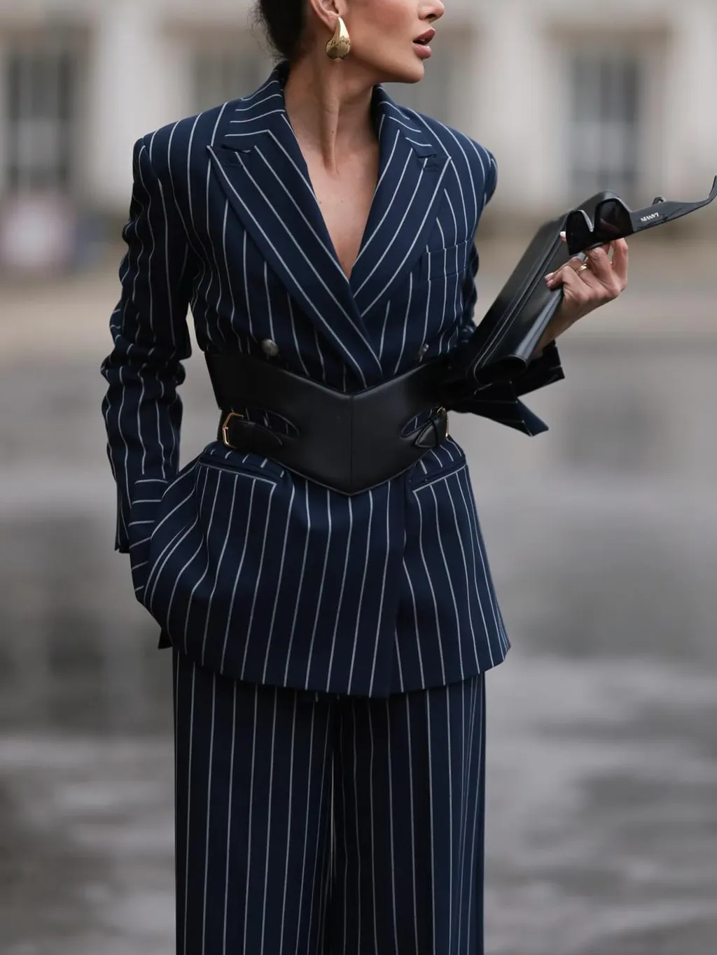 Elegant Striped Blazer & High Waist Pants Set - Blazer