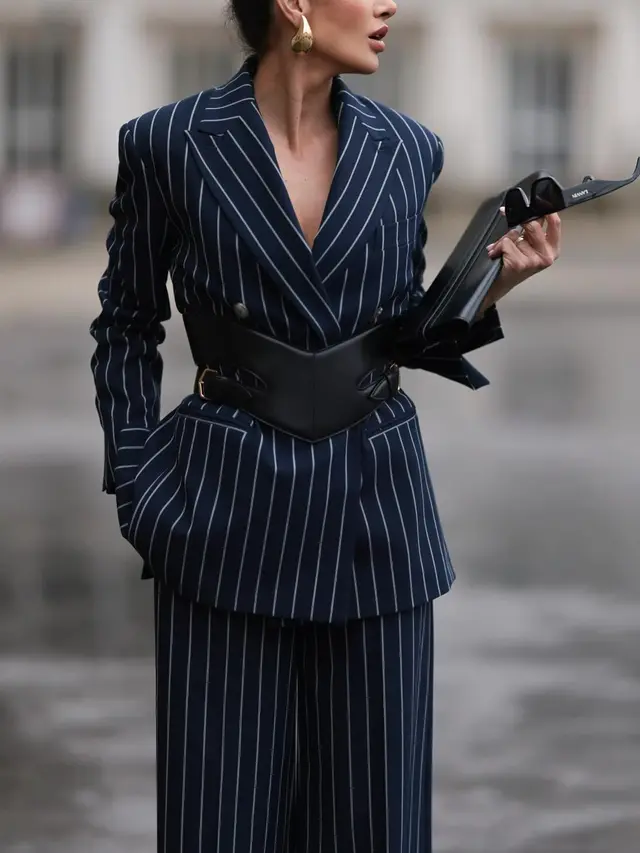 Elegant Striped Blazer & High Waist Pants Set Blazer - Shop at LoveMi