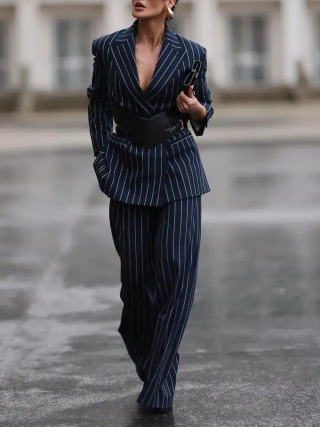 Elegant Striped Blazer & High Waist Pants Set Three Piece Set - Shop at LoveMi