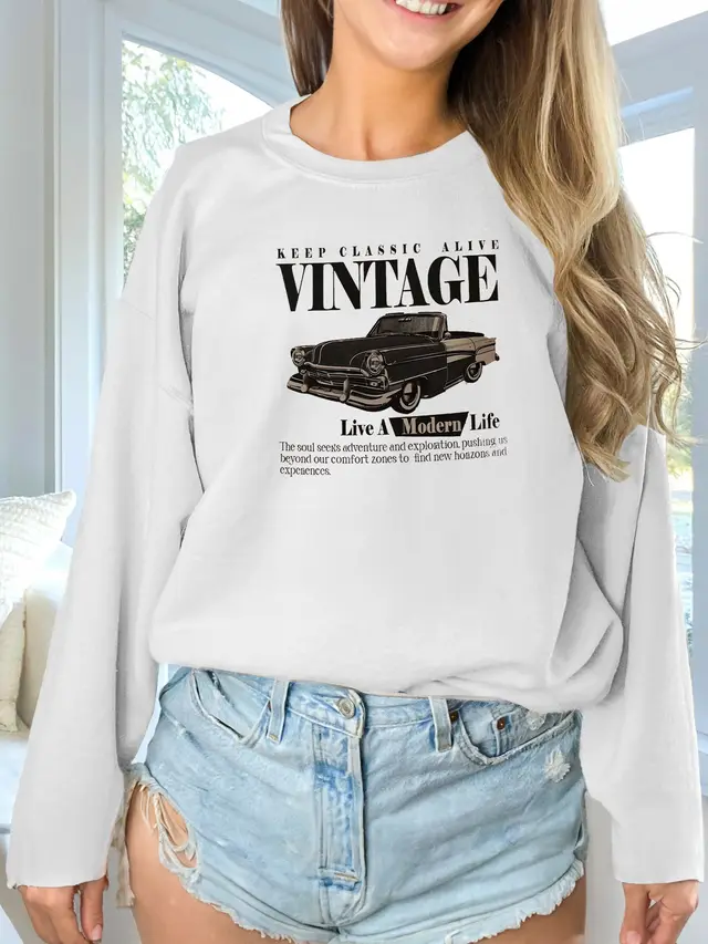 Women's Fashionable Solid Color Printed Long Sleeved Sweatshirt White - Shop at LoveMi