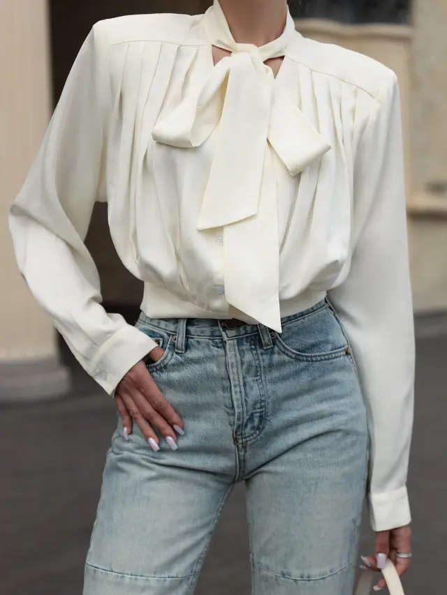 Solid Color Lace up Long sleeved Blouse White - Shop at LoveMi