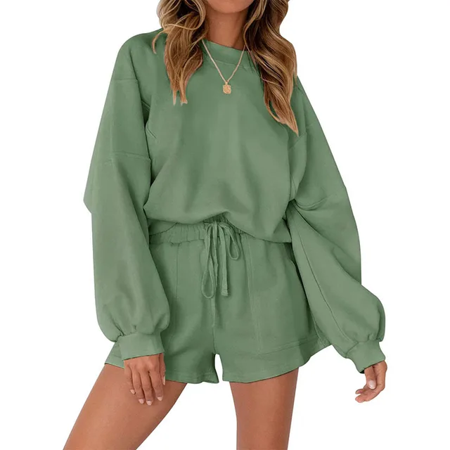 Casual Sports Sweatshirt Suits Loose Pullover Top And Drawstring Shorts Two piece Set Womens Clothing Bean Green - Shop at LoveMi