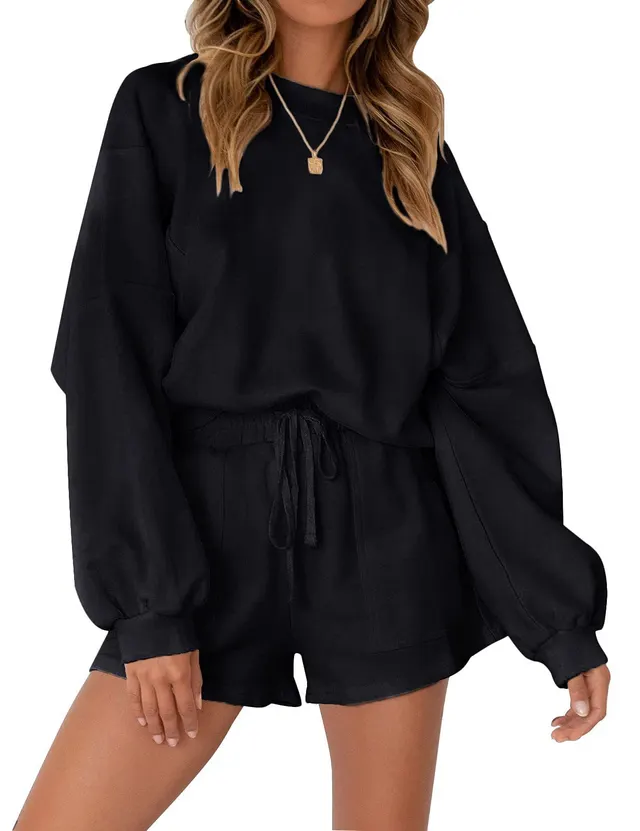 Casual Sports Sweatshirt Suits Loose Pullover Top And Drawstring Shorts Two piece Set Womens Clothing Black - Shop at LoveMi