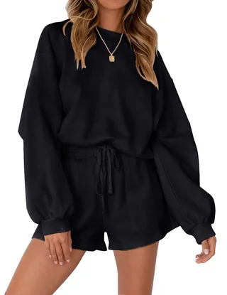 Casual Sports Sweatshirt Suits Loose Pullover Top And Drawstring Shorts Two-piece Set Womens Clothing - Black