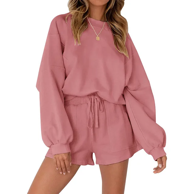 Casual Sports Sweatshirt Suits Loose Pullover Top And Drawstring Shorts Two piece Set Womens Clothing Pink - Shop at LoveMi