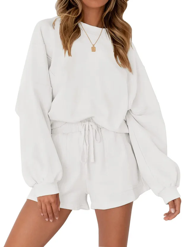 Casual Sports Sweatshirt Suits Loose Pullover Top And Drawstring Shorts Two piece Set Womens Clothing White - Shop at LoveMi