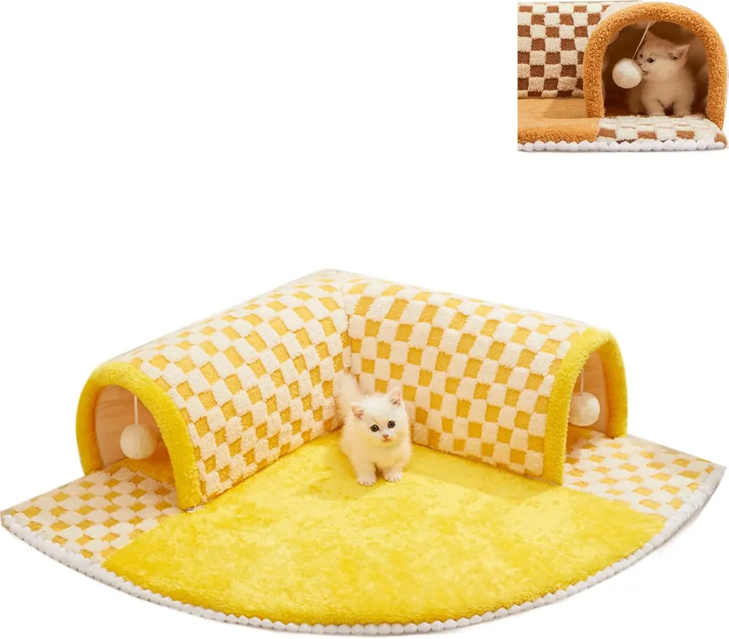 Funny Plush Plaid Cat Tunnel Cat Bed Cat Tunnel Bed With Central Mat Plush Plaid Tunnel Cat Bed Zipper Cat Tunnel For Indoor Cats - Yellow