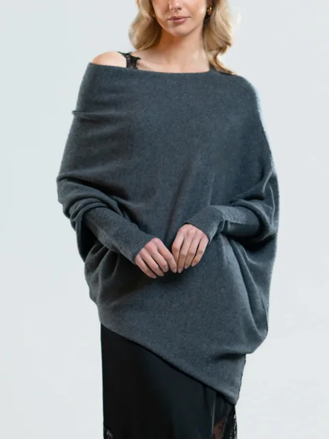 Solid Off shoulder Batwing Sleeve Sweater Fashion Round Neck Temperament Pullover Top Womens Clothing Dark Grey - Shop at LoveMi