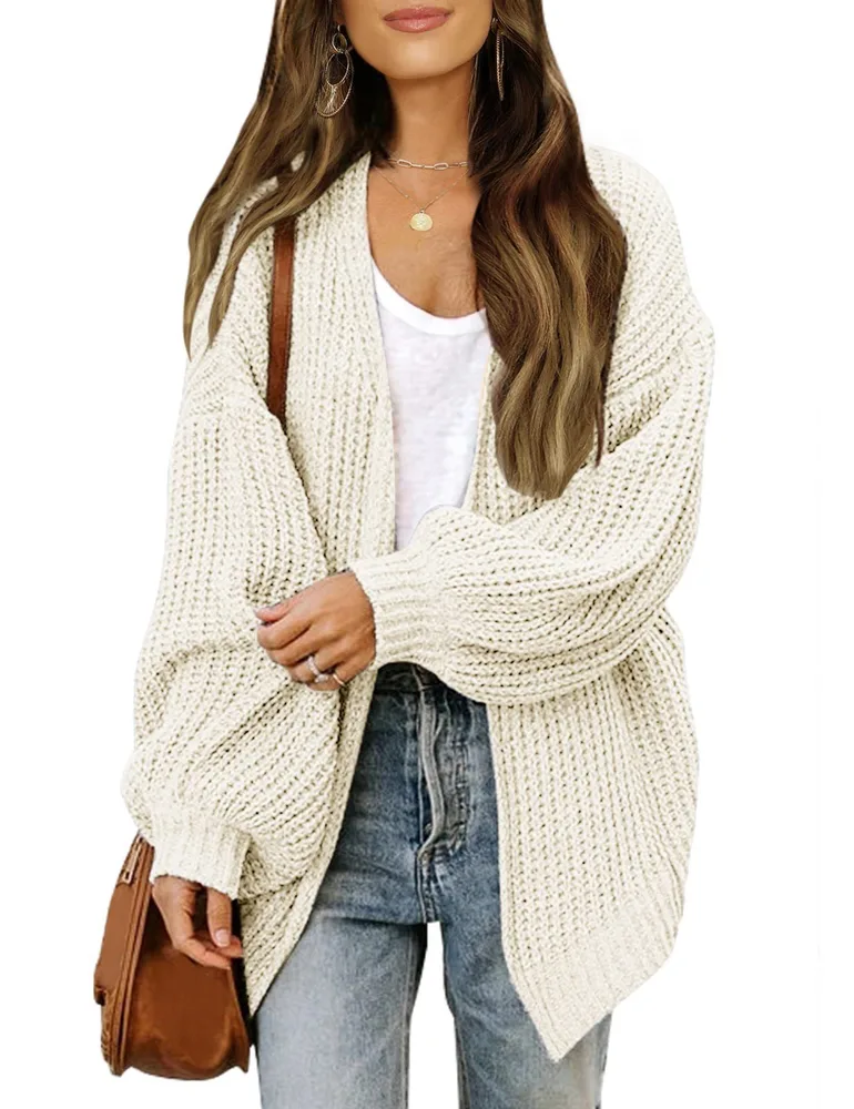 Fashion Lantern sleeved Sweater With Pockets Casual Loose Solid Knit Cardigan Autumn Tops Womens Clothing Beige - Shop at LoveMi
