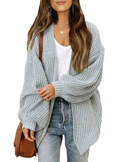 Fashion Lantern sleeved Sweater With Pockets Casual Loose Solid Knit Cardigan Autumn Tops Womens Clothing Light Grey - Shop at LoveMi