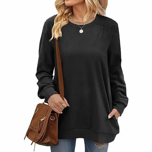 Fashion Long Sleeve Pullover Sweatshirt With Pockets Casual Loose Solid Color Top Womens Clothing Black - Shop at LoveMi