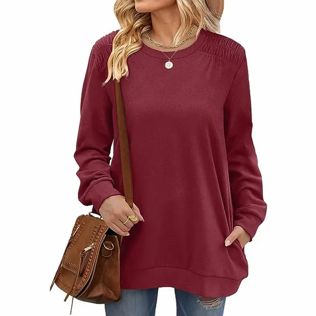 Fashion Long Sleeve Pullover Sweatshirt With Pockets Casual Loose Solid Color Top Womens Clothing Burgundy - Shop at LoveMi