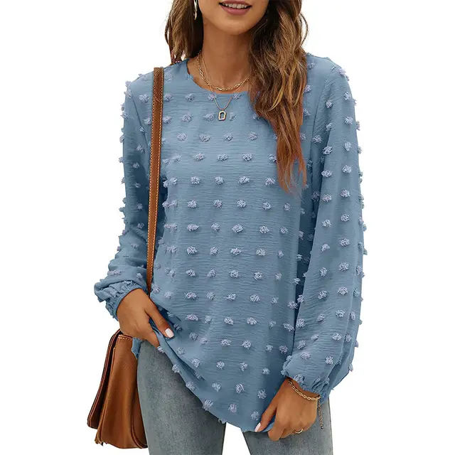 Fashion Jacquard Long sleeved Round Neck T shirt Casual Loose Pullover Top Womens Clothing Blue - Shop at LoveMi