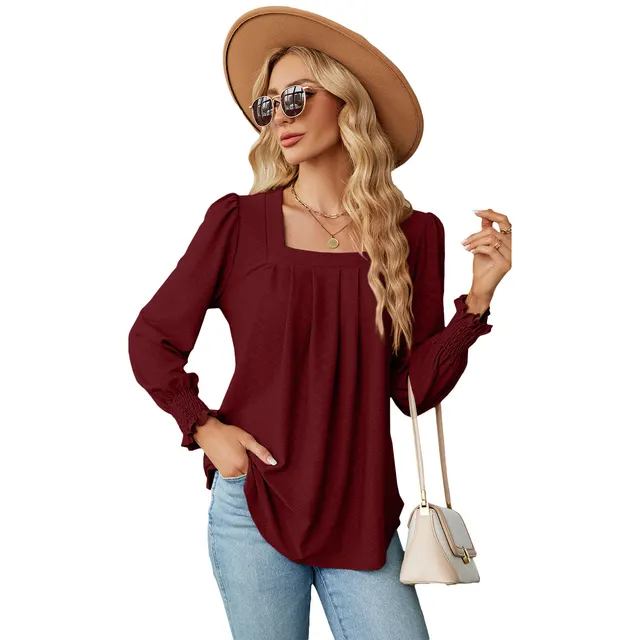 New Jacquard Pleated Square Neck T shirt Fashion Solid Color Long Sleeve Pullover Tops Womens Clothing Burgundy - Shop at LoveMi