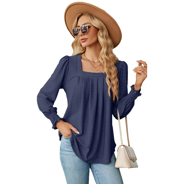New Jacquard Pleated Square Neck T shirt Fashion Solid Color Long Sleeve Pullover Tops Womens Clothing Navy Blue - Shop at LoveMi