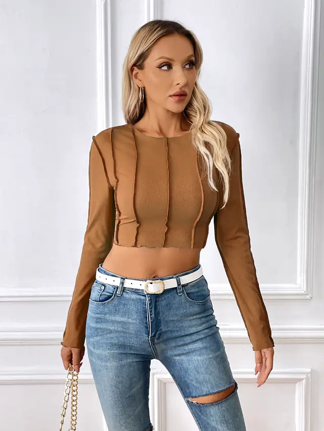 New Slim Long Sleeve T shirt With Exposed Stitching Design Y2K Fashion Sexy Navel exposed Short Top Womens Clothing Dark Brown - Shop at LoveMi