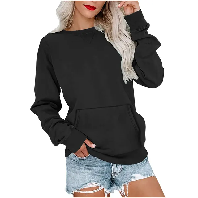 Solid Color Pullover Sweatshirt With Pocket Fashion Loose Round Neck Long Sleeves Top Womens Clothing Black - Shop at LoveMi