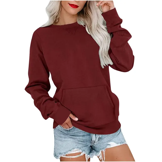 Solid Color Pullover Sweatshirt With Pocket Fashion Loose Round Neck Long Sleeves Top Womens Clothing Burgundy - Shop at LoveMi