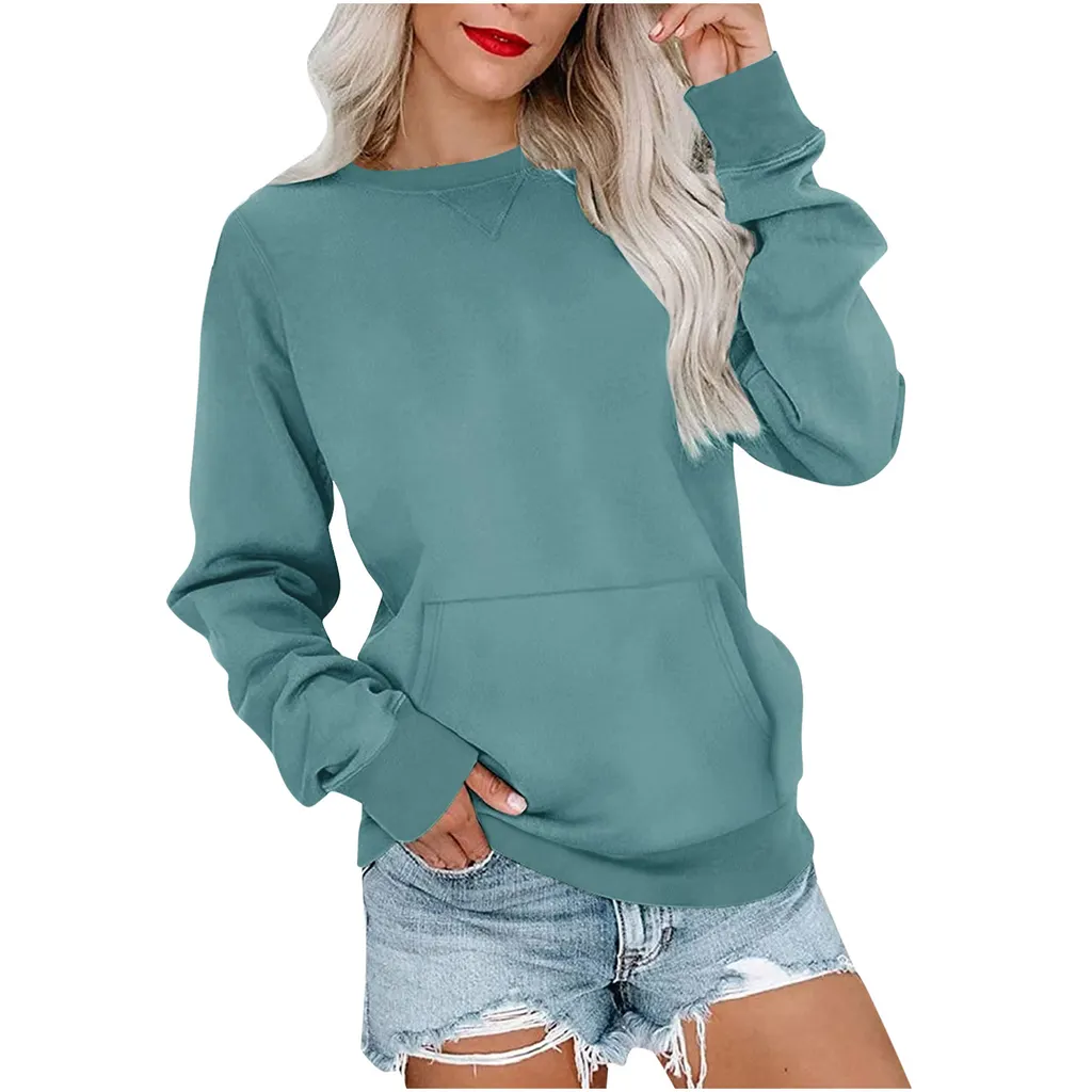 Solid Color Pullover Sweatshirt With Pocket Fashion Loose Round Neck Long Sleeves Top Womens Clothing - Green