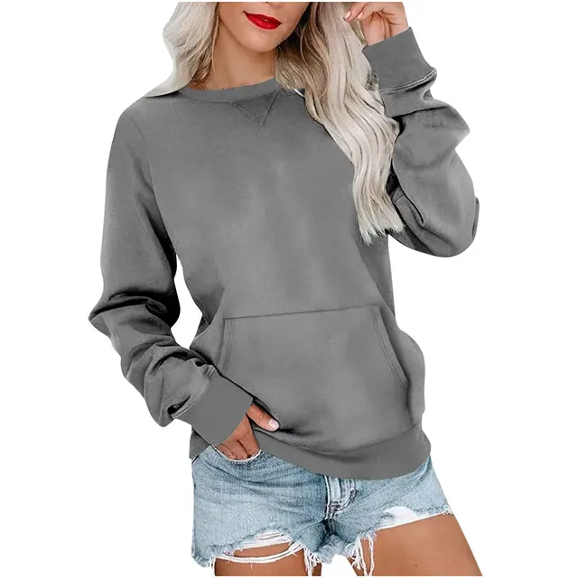 Solid Color Pullover Sweatshirt With Pocket Fashion Loose Round Neck Long Sleeves Top Womens Clothing Grey - Shop at LoveMi