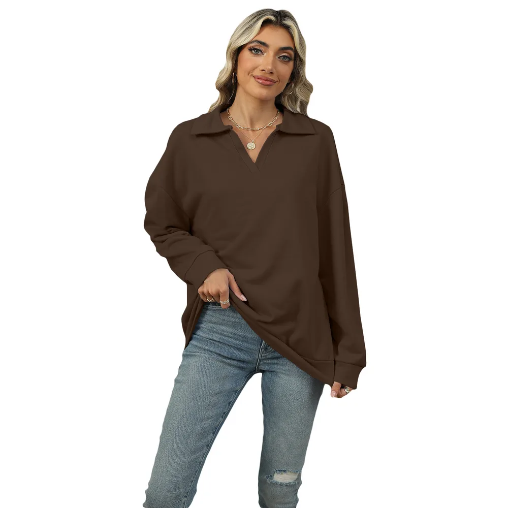 New Lapel V-neck Sweatshirt Fashion Casual Loose Solid Color Long-sleeved Pullover Top For Womens Clothing - Brown