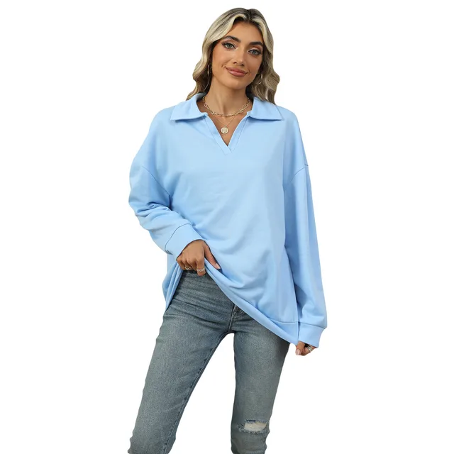 New Lapel V neck Sweatshirt Fashion Casual Loose Solid Color Long sleeved Pullover Top For Womens Clothing Light Blue - Shop at LoveMi
