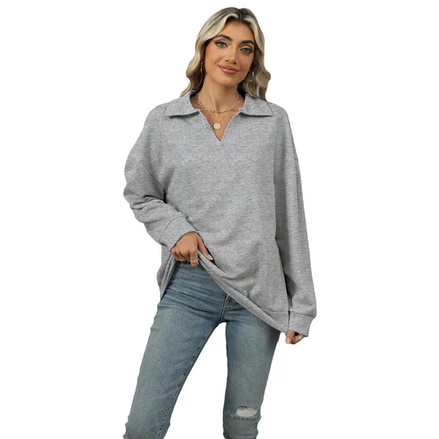 New Lapel V neck Sweatshirt Fashion Casual Loose Solid Color Long sleeved Pullover Top For Womens Clothing Light Gray - Shop at LoveMi
