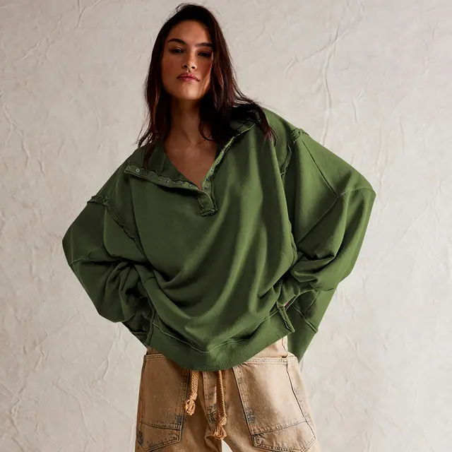 Fashion Button Lapel Sweatshirt With Slit Design Casual Sports Lantern Sleeve Pullover Top Sportswear For Womens Clothing Army Green - Shop at LoveMi