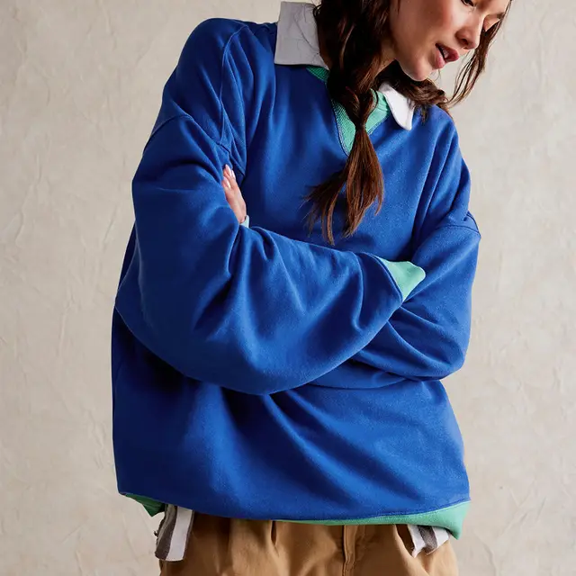 Fashion Color matching Pullover Sweatshirt Street Casual Loose Lantern Sleeve Tops Sports Womens Clothing Blue - Shop at LoveMi